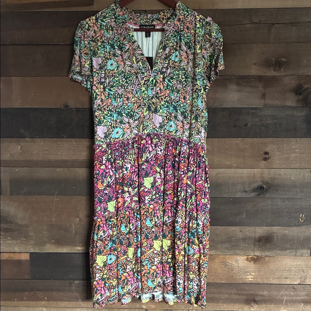 Floral Tiered Midi Dress in Pink, Green, Cream - Picture 1 of 3